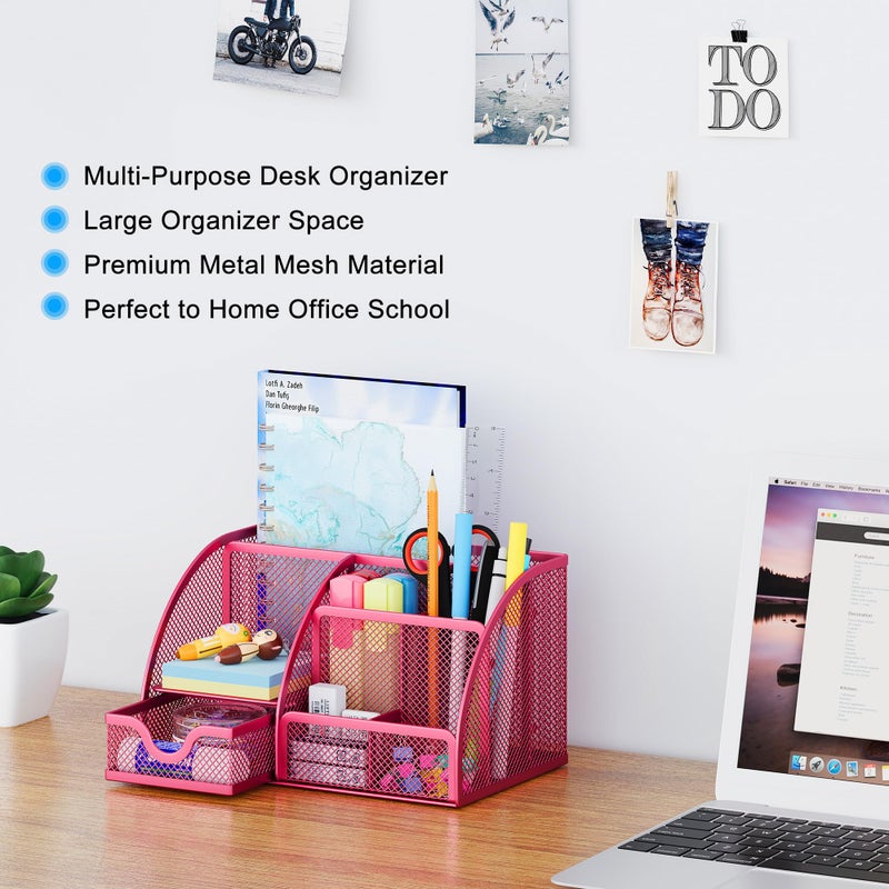 EasyPAG Mesh Desk Organizer with Drawer Multi-functional Pen Holder Stationery Organizer for Office School Supplies 6 Compartments Dorm Organizers and Storage for Desk, Hot Pink - Image 2
